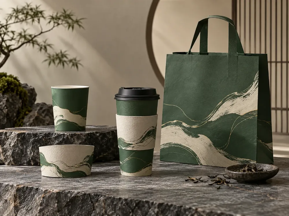 山雾茶饮杯套与纸袋样机